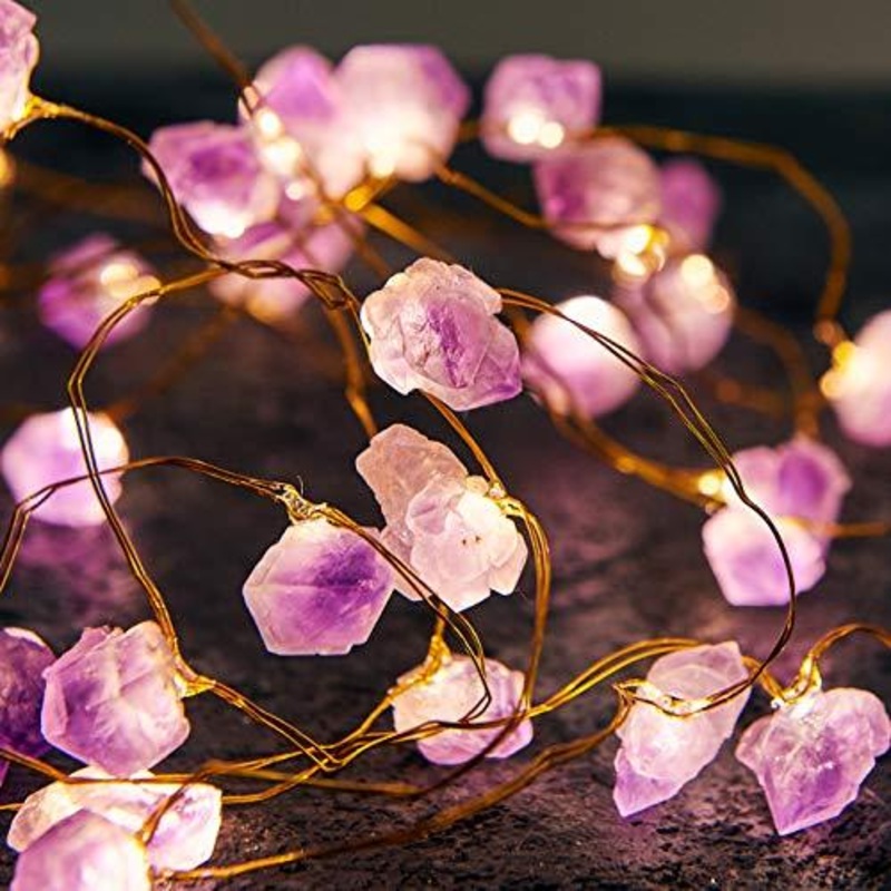 Natural Amethyst Raw Stones USB/Battery Powered 10FT 40 LEDs with Remote for Meditation Wedding Day Present Bedroom Christmas Party Birthday
