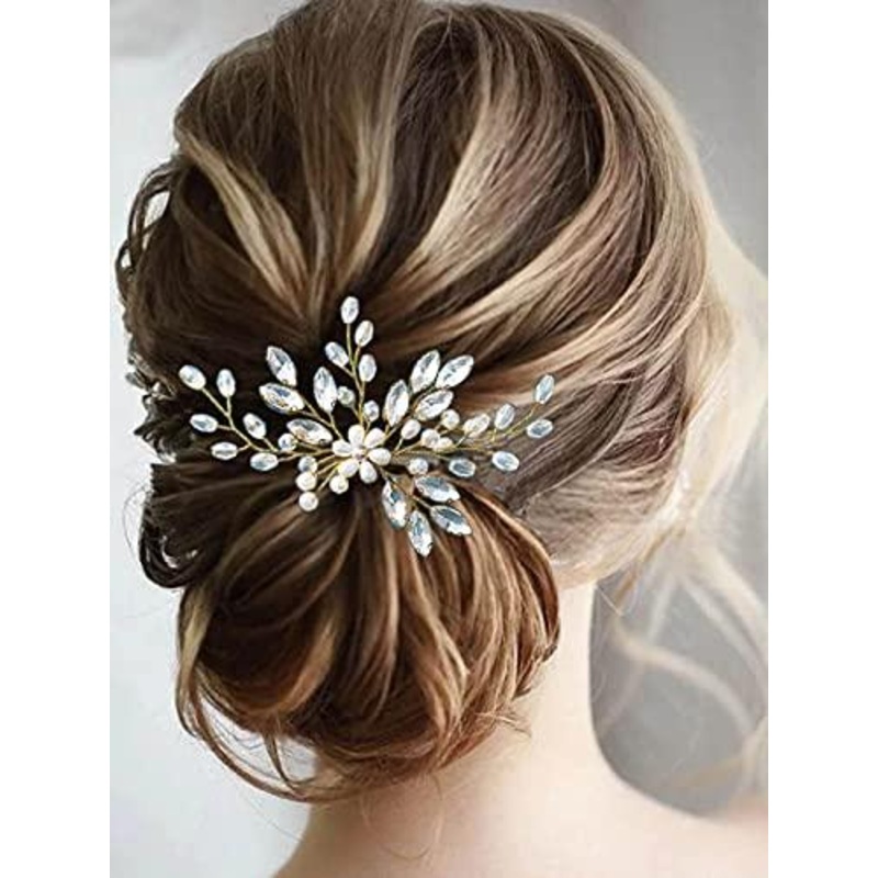 Pearl Bride Wedding Hair Pins Crystal Bridal Head Piece Rhinestones Hair Accessories for Women and Girls (Gold)