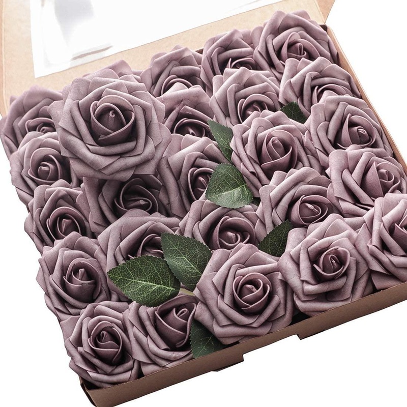 Real Looking Dusty Rose Foam Fake Roses with Stems for DIY Wedding Bouquets Bridal Shower Centerpieces Artificial Flowers