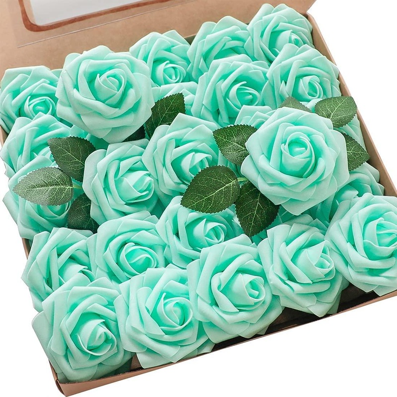 Real Looking Robin's Egg Blue Foam Fake Roses with Stems for DIY Wedding Bouquets Baby Shower Centerpieces