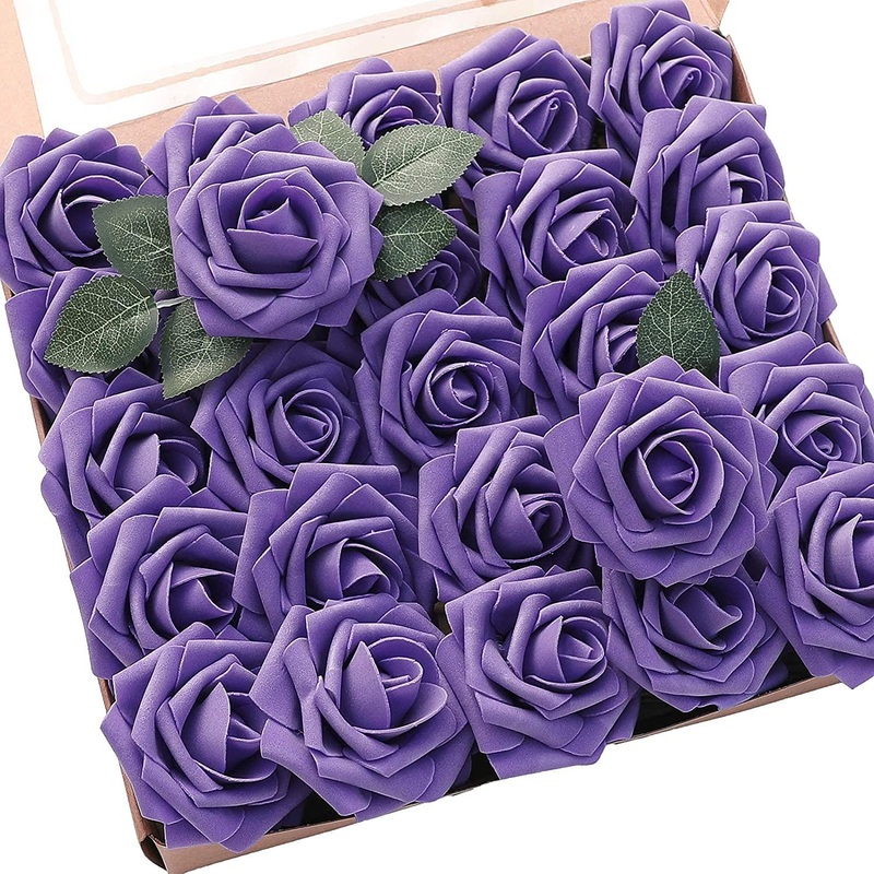 Real Looking Violet Foam Fake Roses with Stems for DIY Wedding Bouquets Bridal Shower Centerpieces