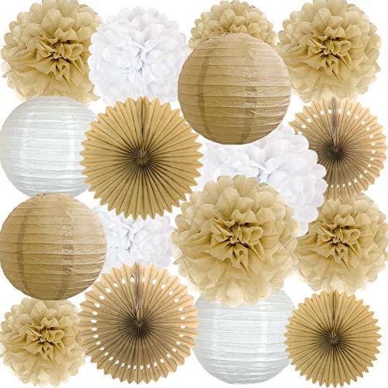 Rustic Paper Party Decorations for Bridal Baby Shower Birthday Wedding, Pom Poms Paper Fans Lanterns, White and Tan