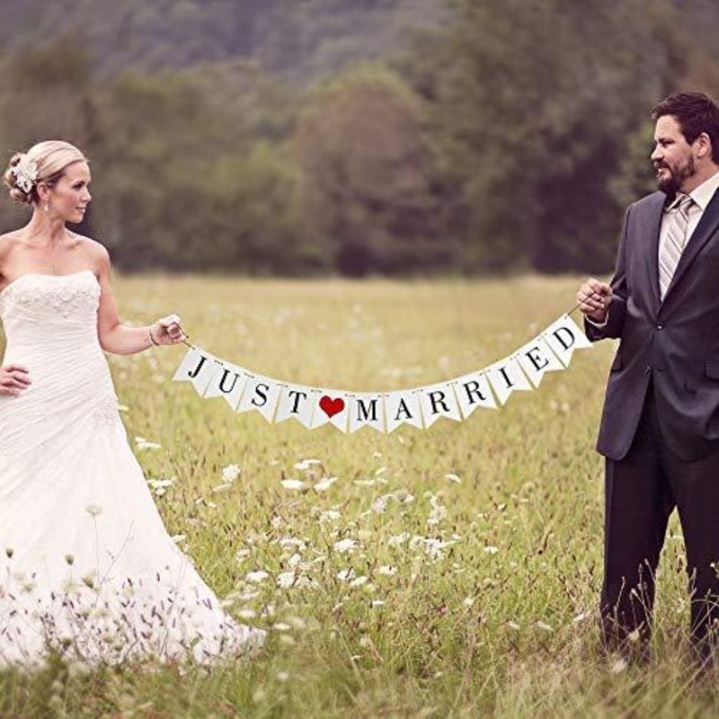 Vintage White Just Married Banner Wedding Bunting Photo Booth Props Signs Garland Bridal Shower Decoration