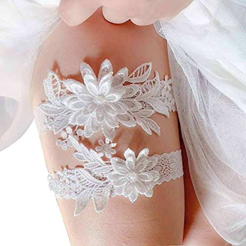 Wedding Garters for Bride Daisy Lace Bridal Garter Hand Sewn Faux Pearls Garter Set 2 Pieces (White)