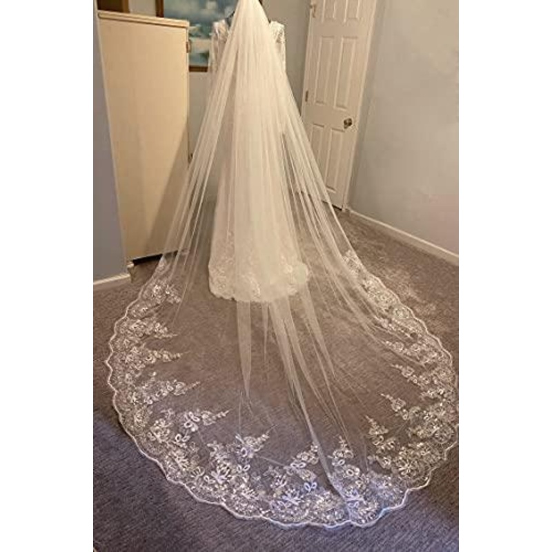 Wedding Veil Cathedral Bridal Veil for Women Lace Sequins 1 Tier Long Wedding Bridal Veil, White