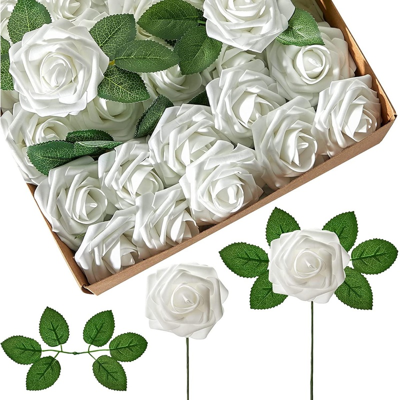 White Foam Fake Roses with Stems for DIY Wedding Bouquets Baby Shower Centerpieces Floral Arrangements Party Decorations