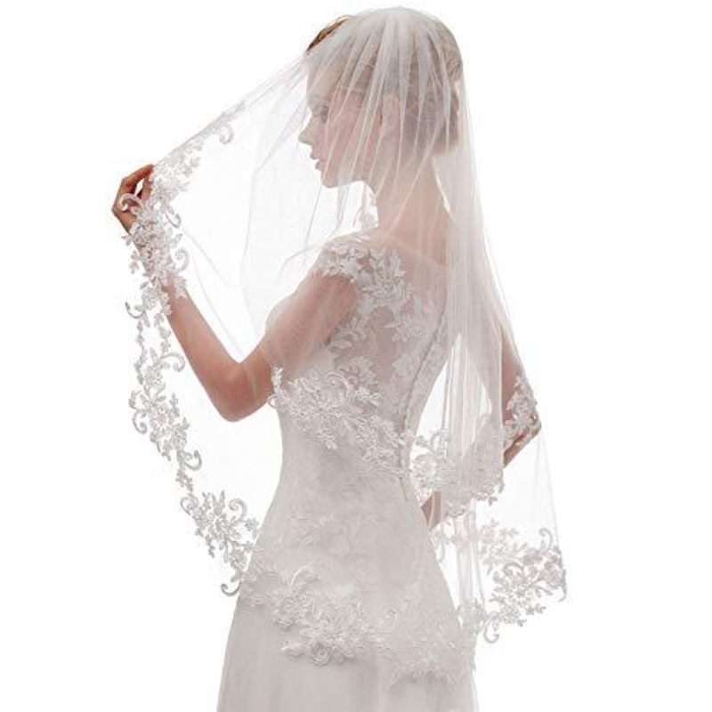 Women's Short 2 Tier Lace Ivory Wedding Bridal Veil With Comb Ivory