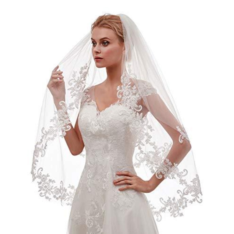Women's Short 2 Tier Lace White Wedding Bridal Veil With Comb White