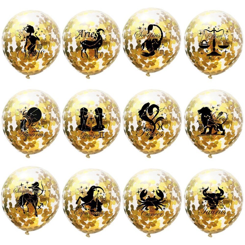 Zodiac Sign Sequin Birthday Balloon - Gold & White - Birthday Wedding New Year Baby Shower - 10 Pieces - 12 Inches