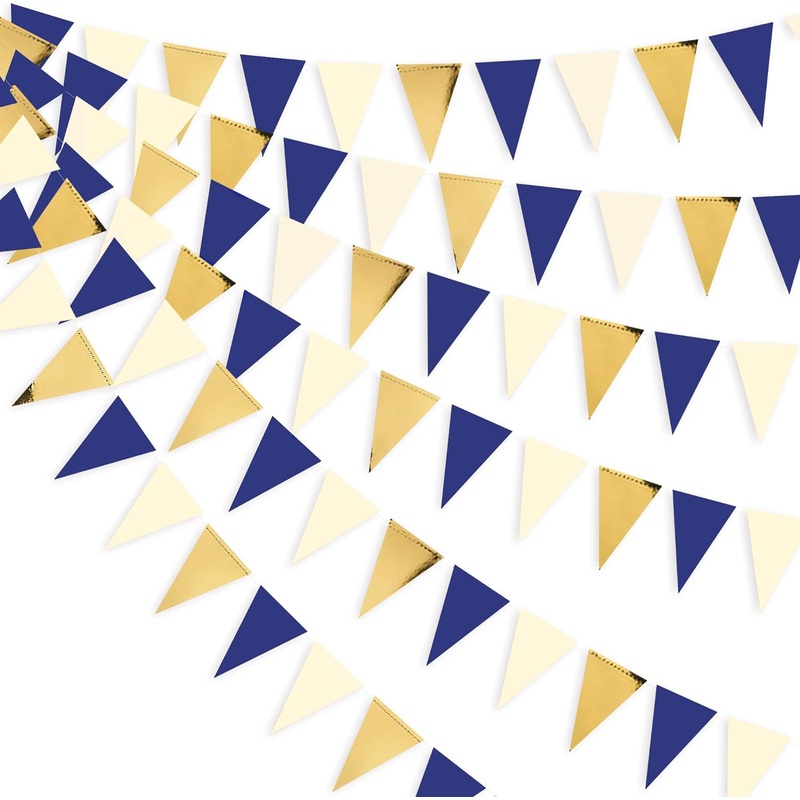 Wedding Banner Triangle Pennant Flag in Navy Blue, Gold & Beige (30Ft)