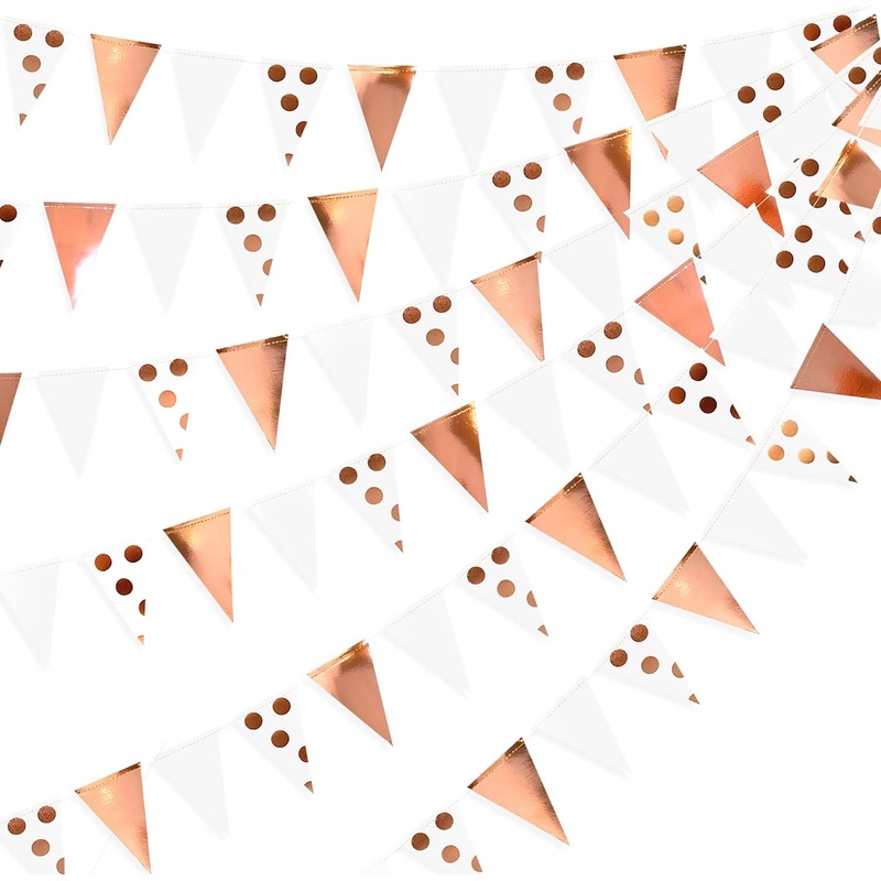 Wedding Decor Pennant Triangle Paper Flag Banner in Rose Gold & Polka Dot (30Ft)