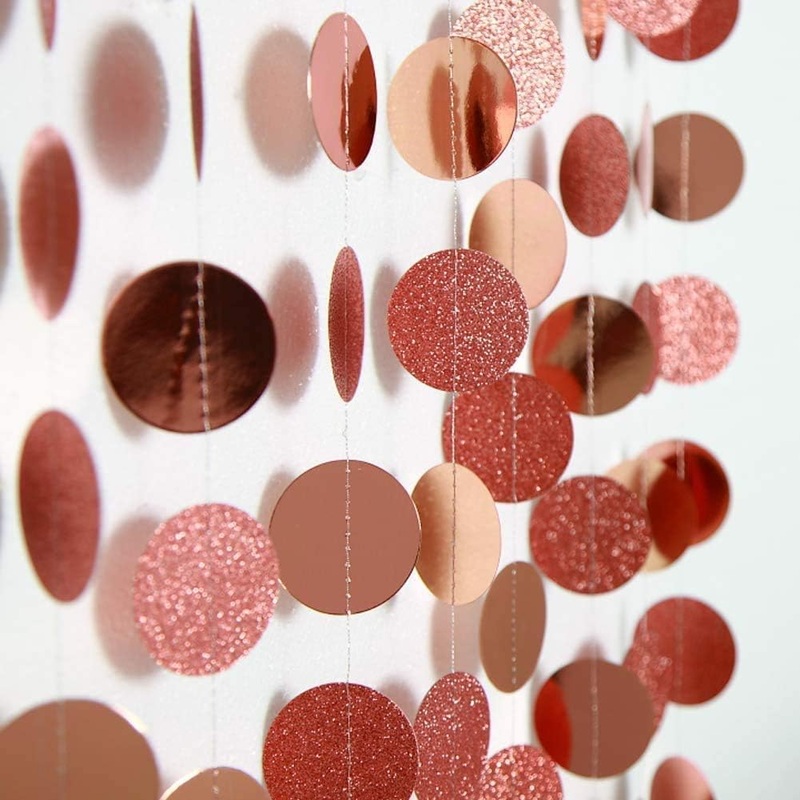 Wedding Glitter Rose Gold Paper Circle Dots Hanging Garland (52Ft)