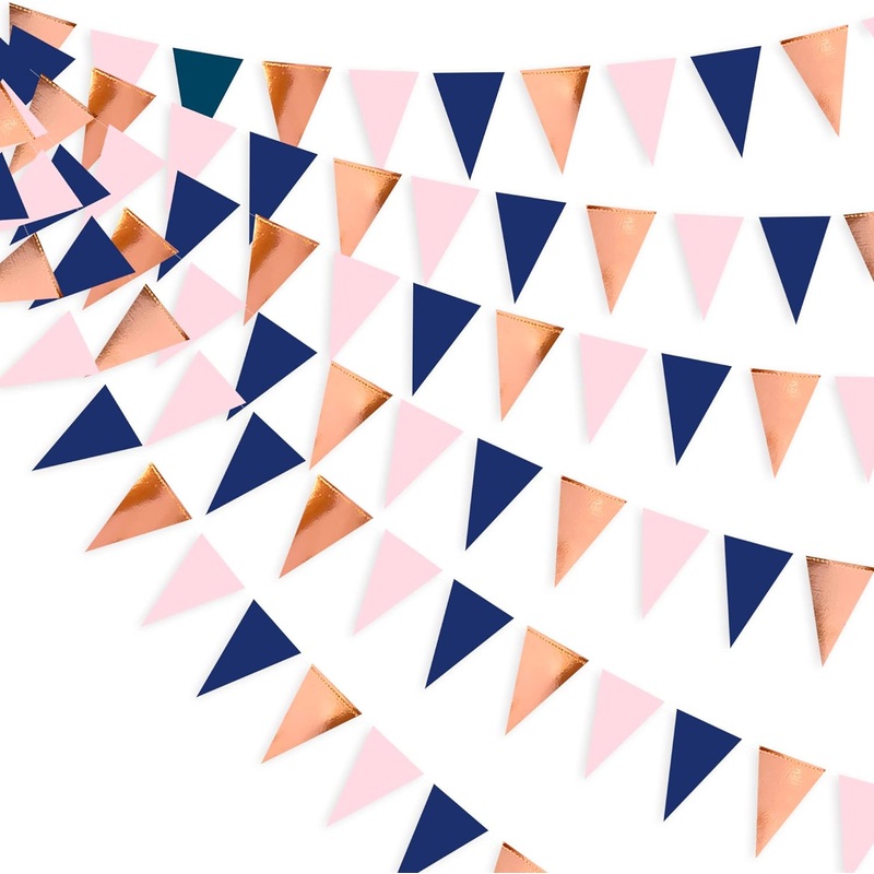 Wedding Shower Pennant Triangle Flag Banner in Navy Blue, Blush Pink & Rose Gold (30Ft)