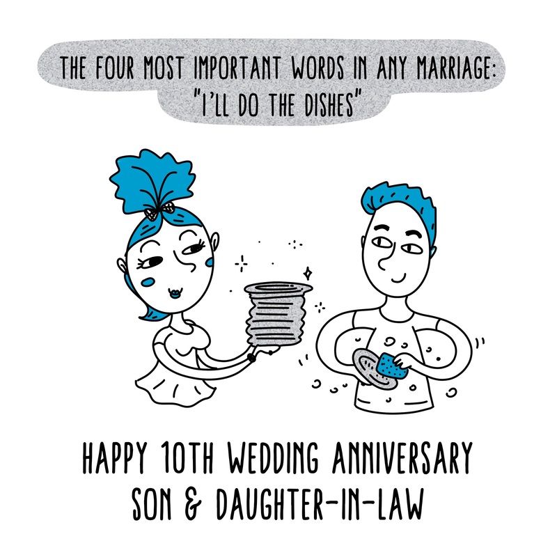 Happy 10th Wedding Anniversary Son And Daughter-in-law Couple Doing The Dishes