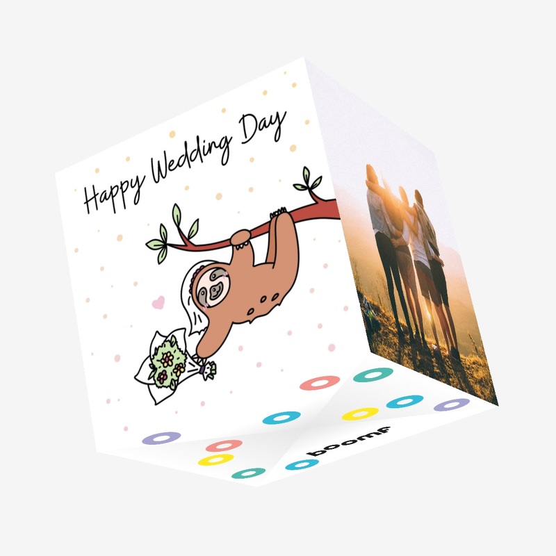 Happy Wedding Day Sloth With A Flower Bouquet Hanging On A Tree Confetti-exploding Greetings Card