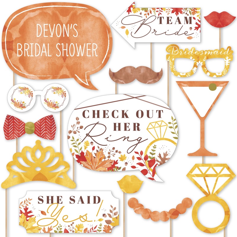 Fall Foliage Bride - Personalized Autumn Leaves Bridal Shower and Wedding Party Photo Booth Props Kit - 20 Count