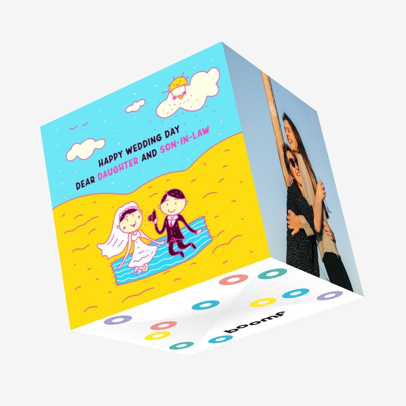 Happy Wedding Day Daughter And Son-in-law Bride And Groom At The Beach Confetti-exploding Greetings Card
