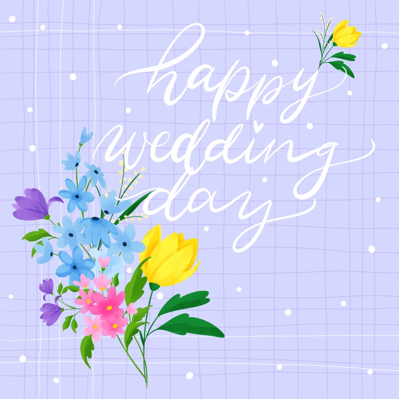 Happy Wedding Day Flower Bouquet Blue