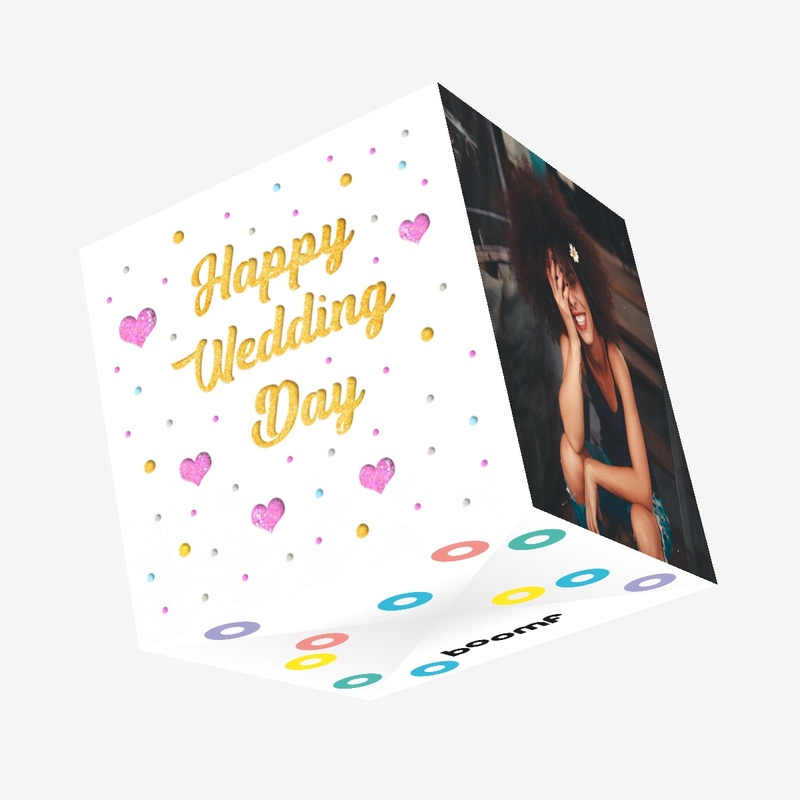 Happy Wedding Day Golden Letters And Pink Hearts Confetti-exploding Greetings Card