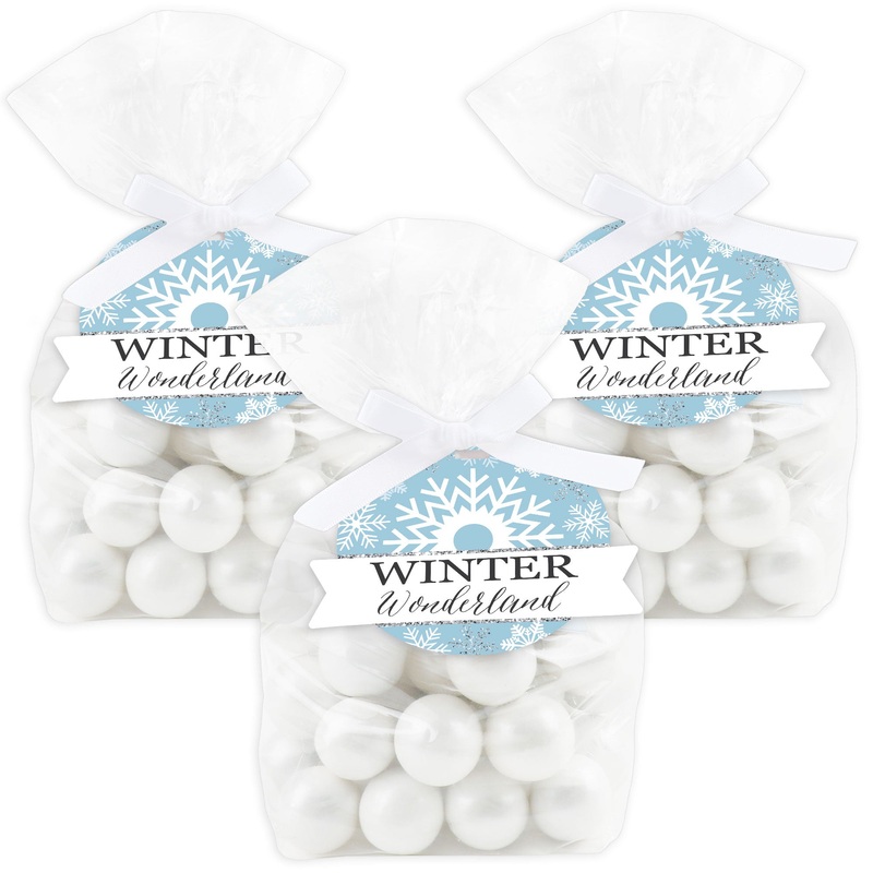 Winter Wonderland - Snowflake Holiday Party and Winter Wedding Clear Goodie Favor Bags - Treat Bags With Tags - Set of 12