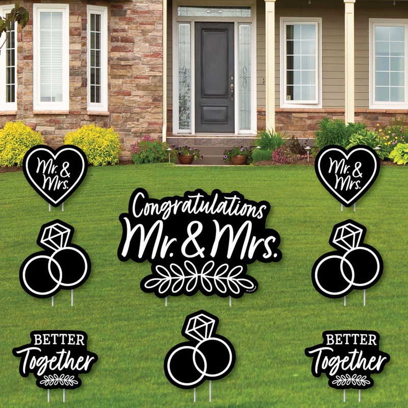 Black and White Mr. and Mrs. - Yard Sign and Outdoor Lawn Decorations - Wedding Congratulations Yard Signs - Set of 8