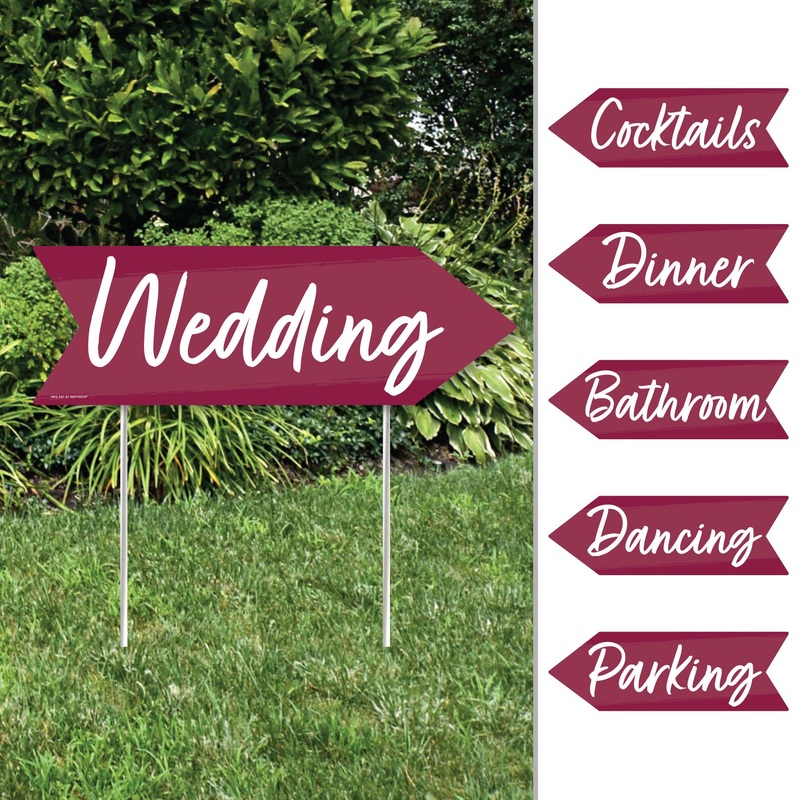 Burgundy Elegantly Simple - Arrow Wedding and Receptions Direction Signs - Double Sided Outdoor Yard Signs - Set of 6