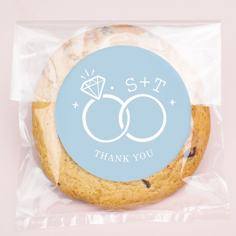 Custom Text Stickers & Clear Cookie Bags -  Dusty Blue Wedding Rings