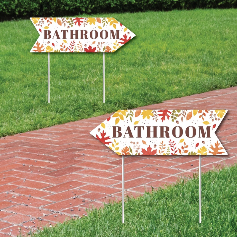 Fall Foliage Wedding Bathroom Signs - Autumn Leaves Wedding Sign Arrow - Double Sided Directional Yard Signs - Set of 2