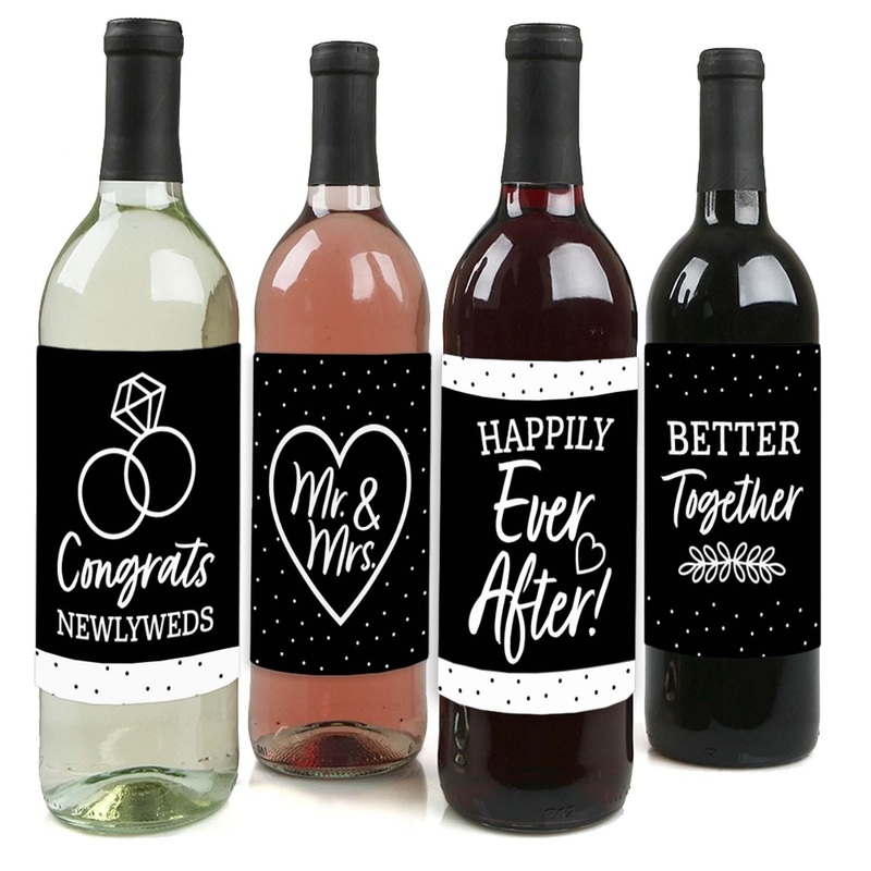 Mr. and Mrs. - Black and White Wedding or Bridal Shower Decorations for Women and Men - Wine Bottle Label Stickers - Set of 4