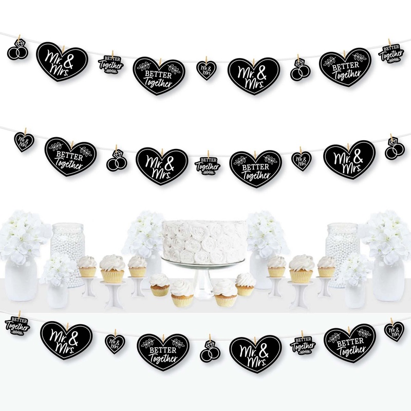 Mr. and Mrs. - Black and White Wedding or Bridal Shower DIY Decorations - Clothespin Garland Banner - 44 Pieces