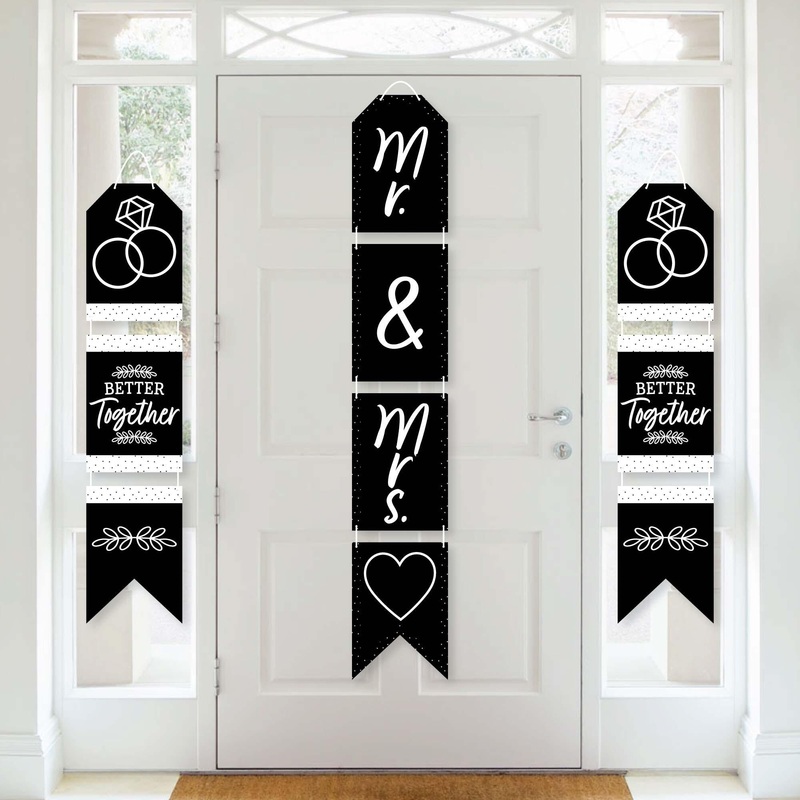 Mr. and Mrs. - Hanging Vertical Paper Door Banners - Black and White Wedding or Bridal Shower Wall Decoration Kit - Indoor Door Decor