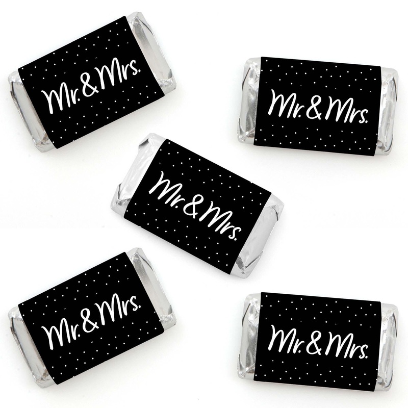 Mr. and Mrs. - Mini Candy Bar Wrapper Stickers - Black and White Wedding or Bridal Shower Small Favors - 40 Count
