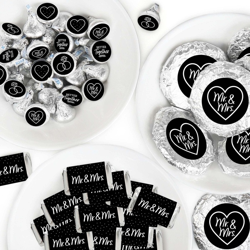 Mr. and Mrs. - Mini Candy Bar Wrappers, Round Candy Stickers and Circle Stickers - Black and White Wedding or Bridal Shower Candy Favor Sticker Kit - 304 Pieces