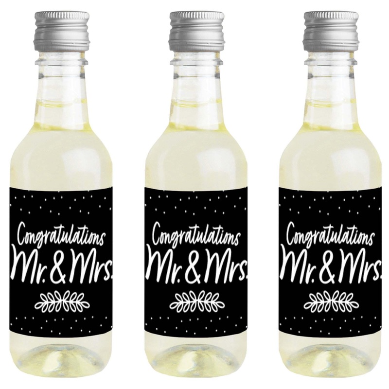 Mr. and Mrs. - Mini Wine and Champagne Bottle Label Stickers - Black and White Wedding or Bridal Shower Favor Gift for Women and Men - Set of 16