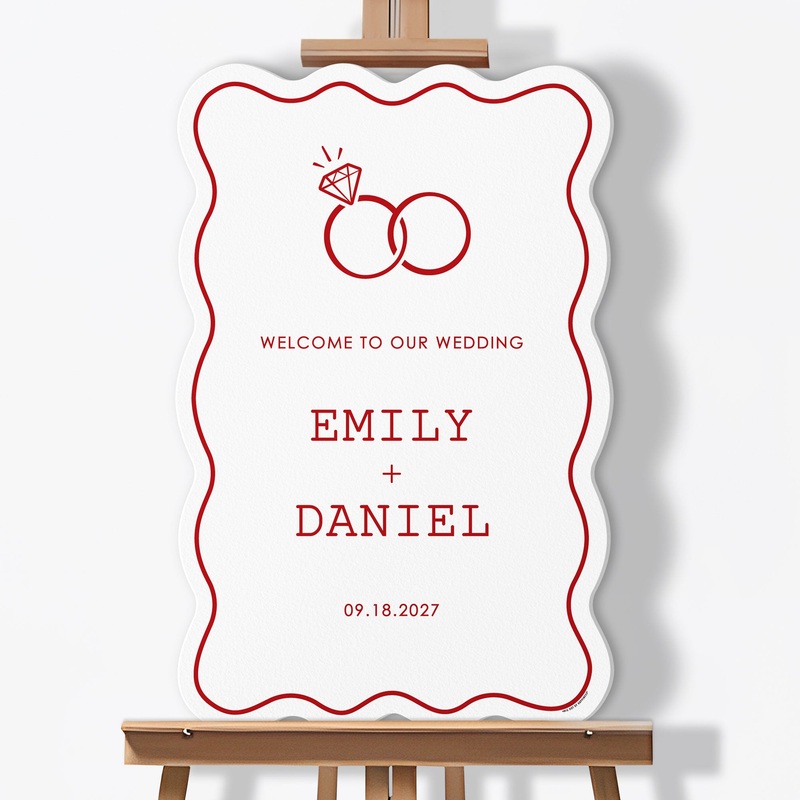 Personalized Text Cherry Red Wedding Rings Welcome Sign (Select Your Size)
