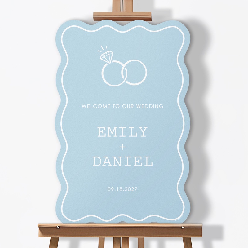 Personalized Text Dusty Blue Wedding Rings Welcome Sign (Select Your Size)