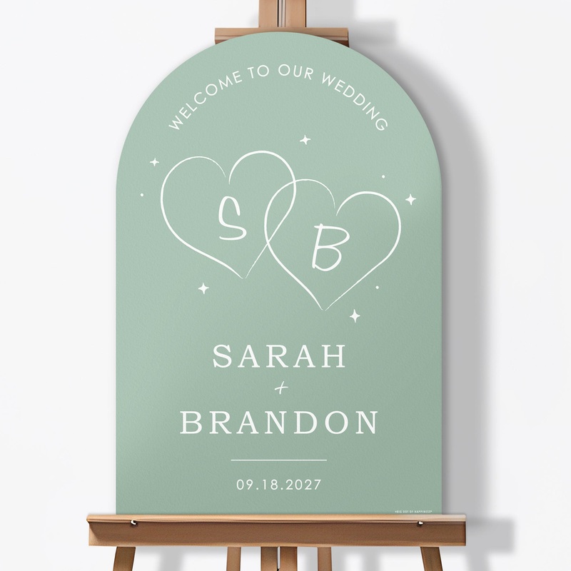 Personalized Text Sage Green Wedding Hearts Welcome Sign (Select Your Size)