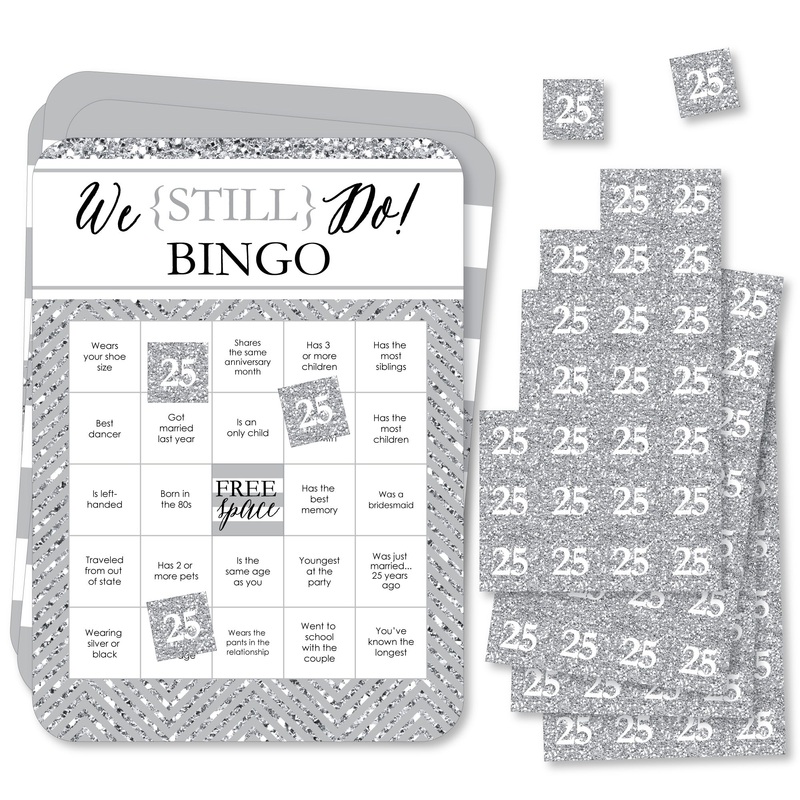 We Still Do - 25th Wedding Anniversary - Find the Guest Bingo Cards and Markers - Anniversary Party Bingo Game - Set of 18