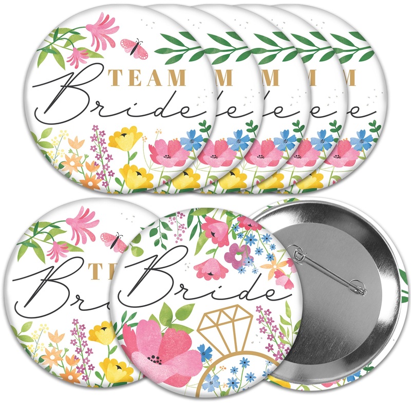 Wildflowers Bride - 3 inch Boho Floral Bridal Shower and Wedding Party Badge - Pinback Buttons - Set of 8