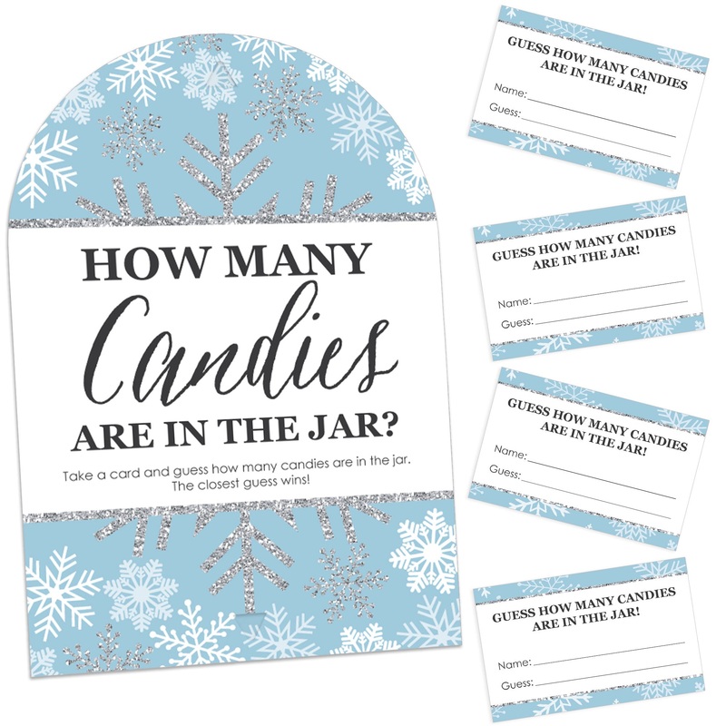 Winter Wonderland - How Many Candies Snowflake Holiday Party and Winter Wedding Game - 1 Stand and 40 Cards - Candy Guessing Game