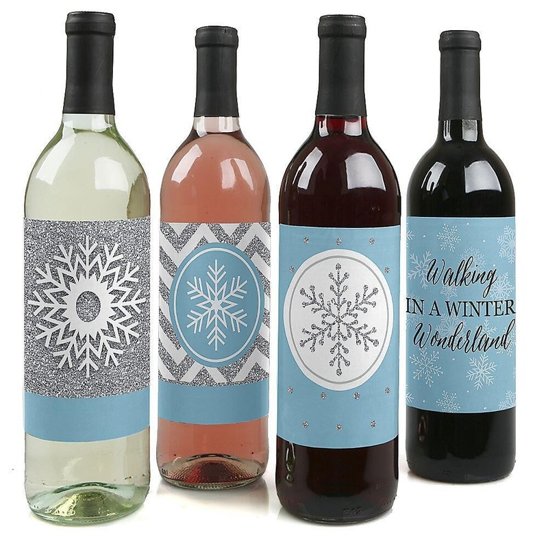 Winter Wonderland - Snowflake Holiday Party & Winter Wedding Decorations for Women and Men - Wine Bottle Label Stickers - Set of 4