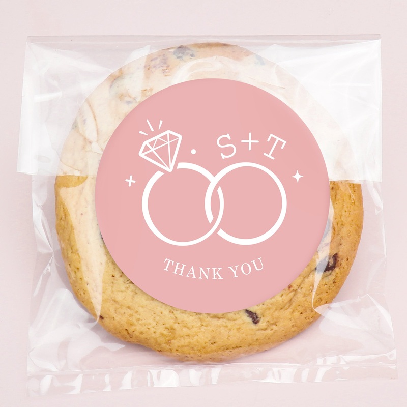 Custom Text Stickers & Clear Cookie Bags -  Pink Wedding Rings