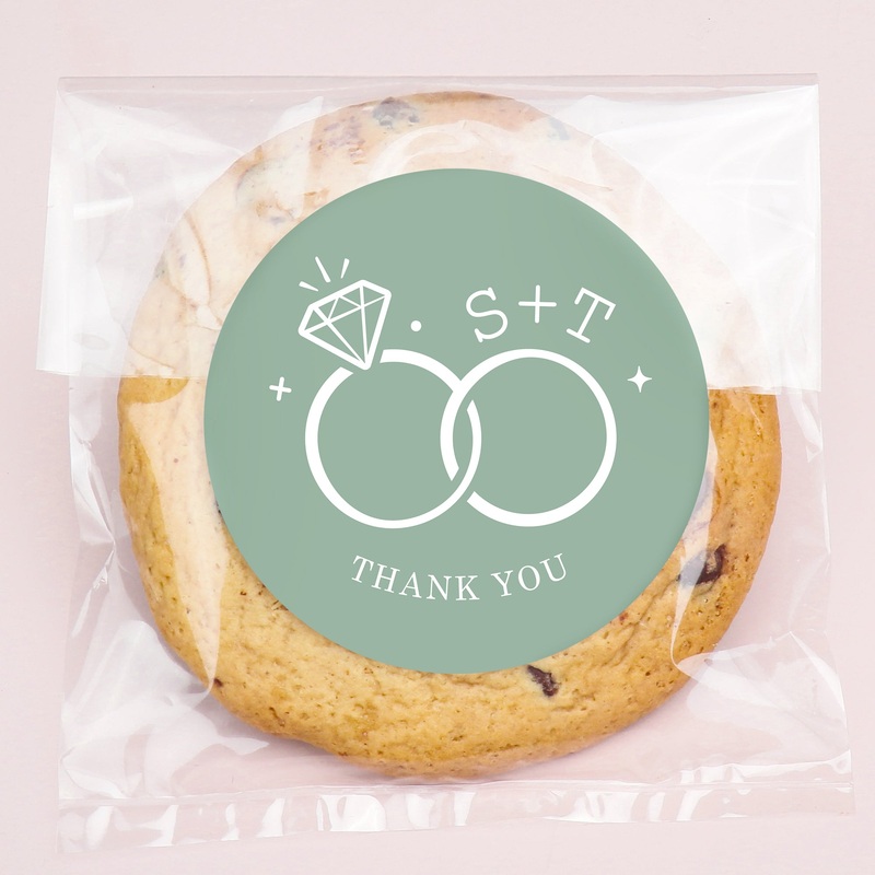 Custom Text Stickers & Clear Cookie Bags -  Sage Green Wedding Rings