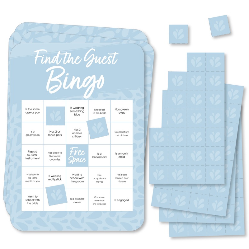 Dusty Blue Elegantly Simple - Find the Guest Bingo Cards and Markers - Wedding and Bridal Shower Bingo Game - Set of 18