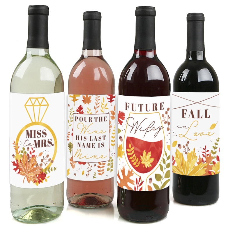 Fall Foliage Bride - Autumn Leaves Bridal Shower and Wedding Party Decorations for Women and Men - Wine Bottle Label Stickers - Set of 4