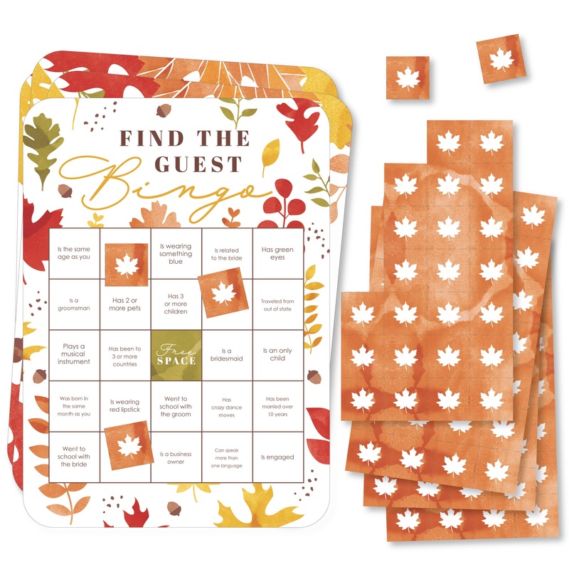 Fall Foliage Bride - Find the Guest Bingo Cards and Markers - Autumn Leaves Bridal Shower and Wedding Party Bingo Game - Set of 18