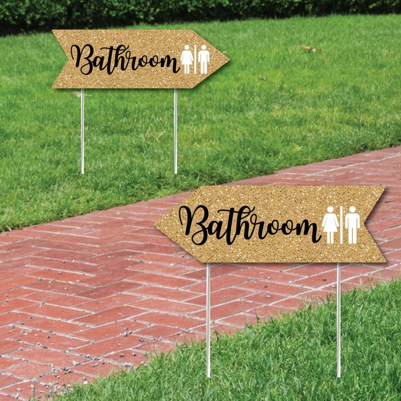 Gold Wedding Bathroom Signs - Wedding Sign Arrow - Double Sided Directional Yard Signs - Set of 2 Bathroom Signs