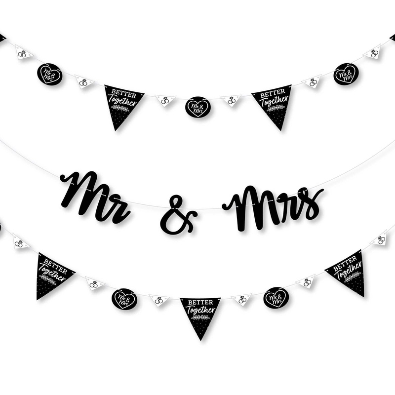 Mr. and Mrs. - Black and White Wedding or Bridal Shower Letter Banner Decoration - 36 Banner Cutouts and Mr. and Mrs. Banner Letters