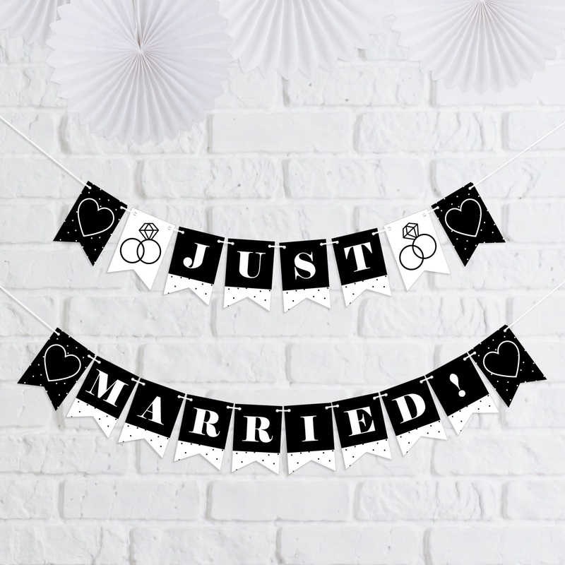 Mr. and Mrs. - Black and White Wedding or Bridal Shower Mini Pennant Banner - Just Married