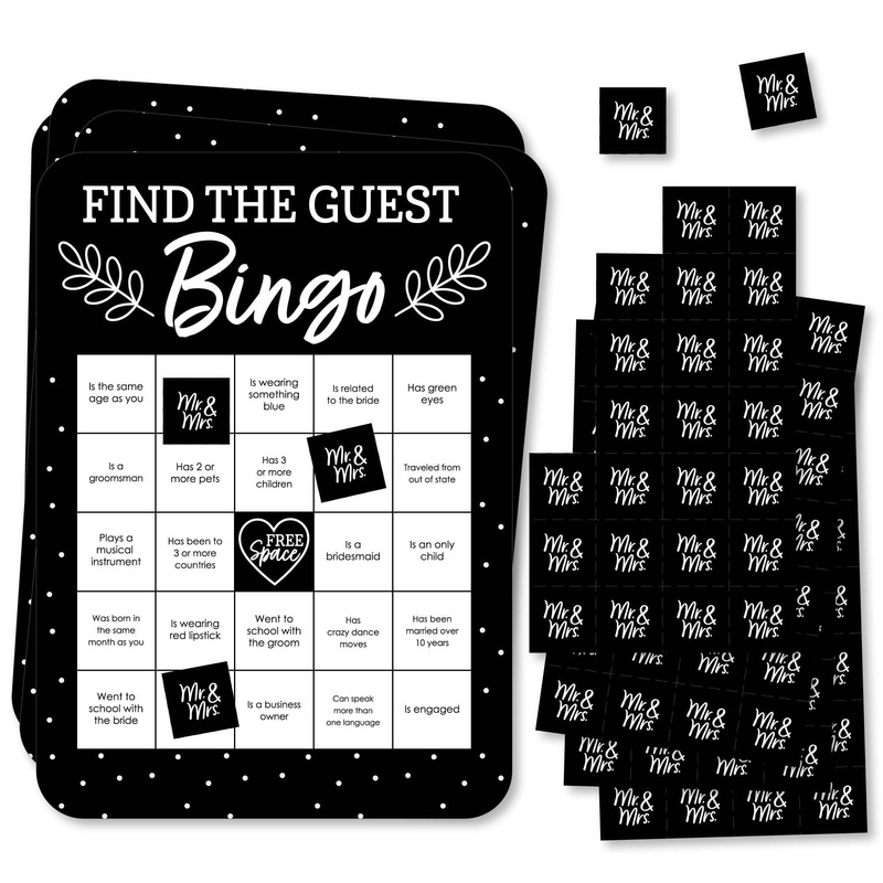 Mr. and Mrs. - Find the Guest Bingo Cards and Markers - Black and White Wedding or Bridal Shower Bingo Game - Set of 18